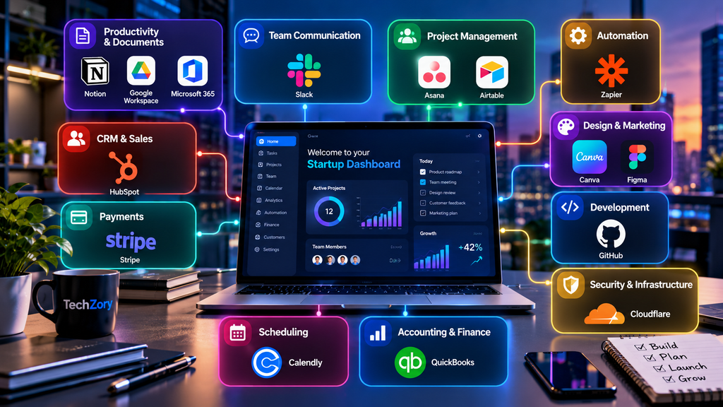 Startup tools in 2026 for productivity, communication, project management, automation, CRM, payments, design, development, security, scheduling, and accounting