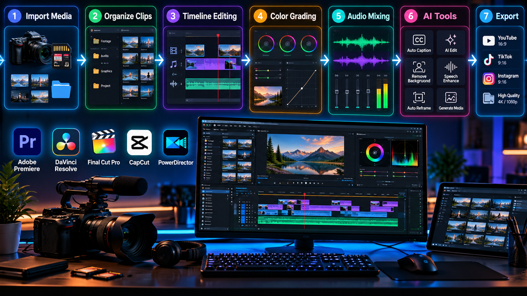Professional video editing workflow in 2026 showing media import, clip organization, timeline editing, color grading, audio mixing, AI tools, and export