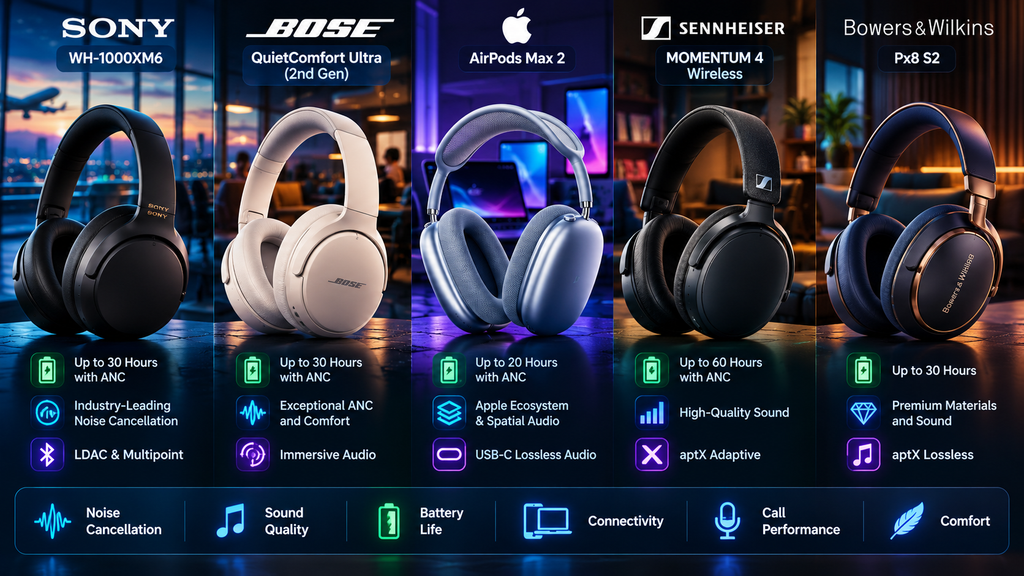 Noise-canceling headphones comparison in 2026 including Sony WH-1000XM6, Bose QuietComfort Ultra 2nd Gen, AirPods Max 2, Sennheiser Momentum 4, and Bowers & Wilkins Px8 S2