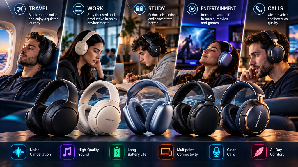 Noise-canceling headphone use cases in 2026 for travel, work, study, entertainment, and calls