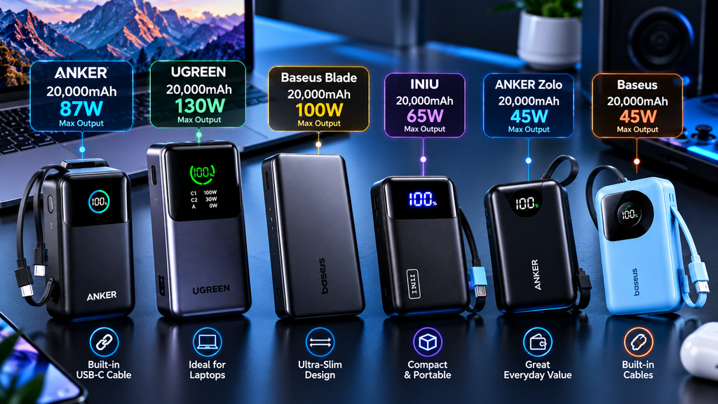 Comparison of Anker, UGREEN, Baseus and INIU 20000mAh power banks with different charging speeds