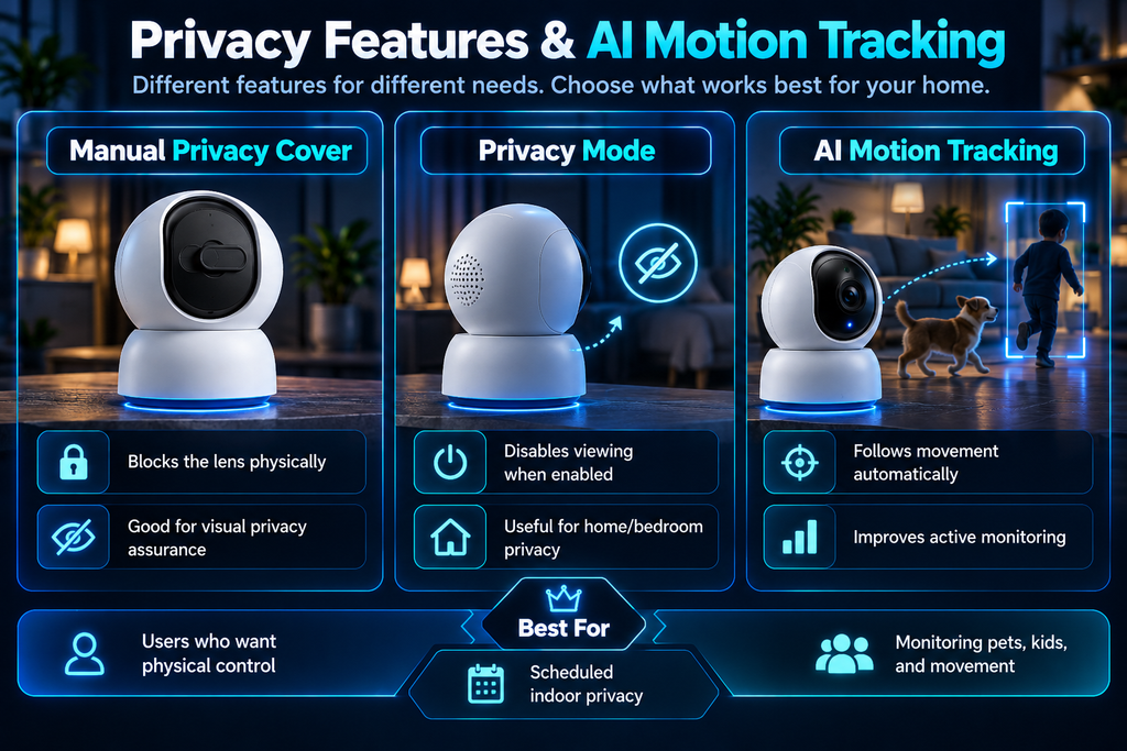 Smart home security camera privacy features comparison showing manual privacy covers, camera privacy modes, and AI motion tracking for indoor monitoring.