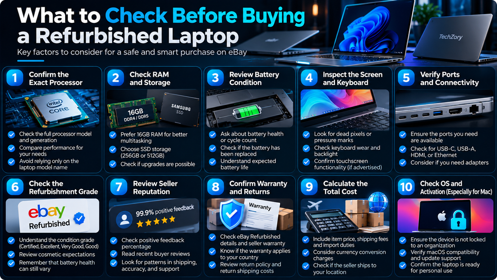 Infographic showing 10 things to check before buying a refurbished laptop on eBay, including processor, RAM, battery health, warranty and seller reputation