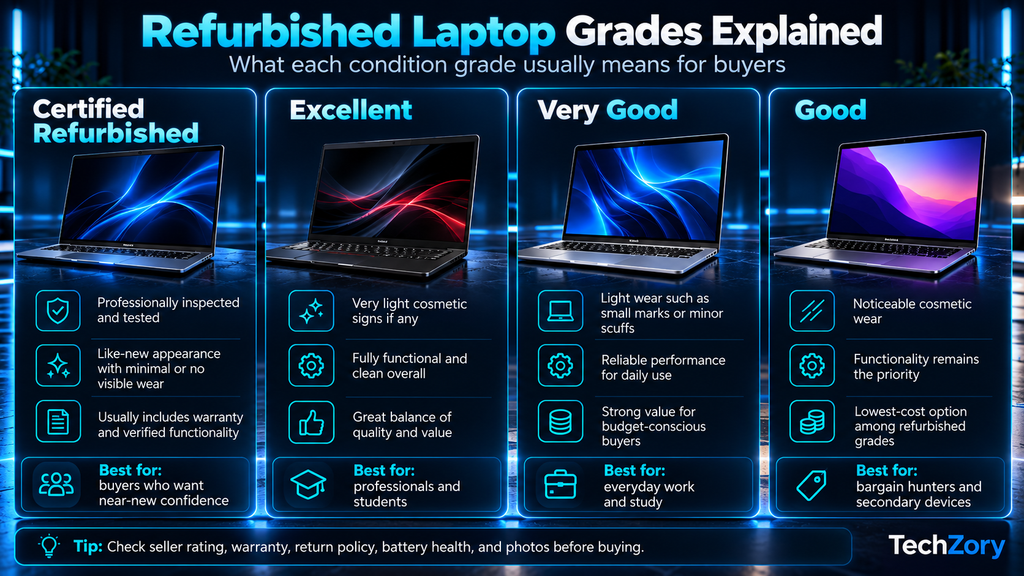 Comparison of eBay refurbished laptop grades: Certified Refurbished, Excellent, Very Good, and Good, explaining cosmetic condition and buying considerations