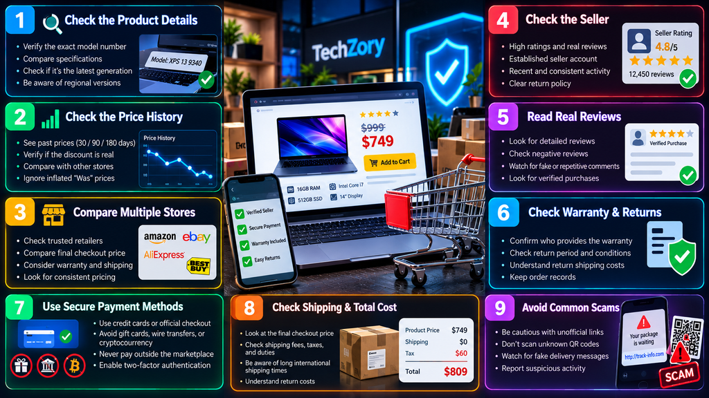 Fake tech deal safety checklist for 2026 covering product details, price history, store comparison, seller checks, reviews, warranty, secure payments, shipping costs, and scam prevention