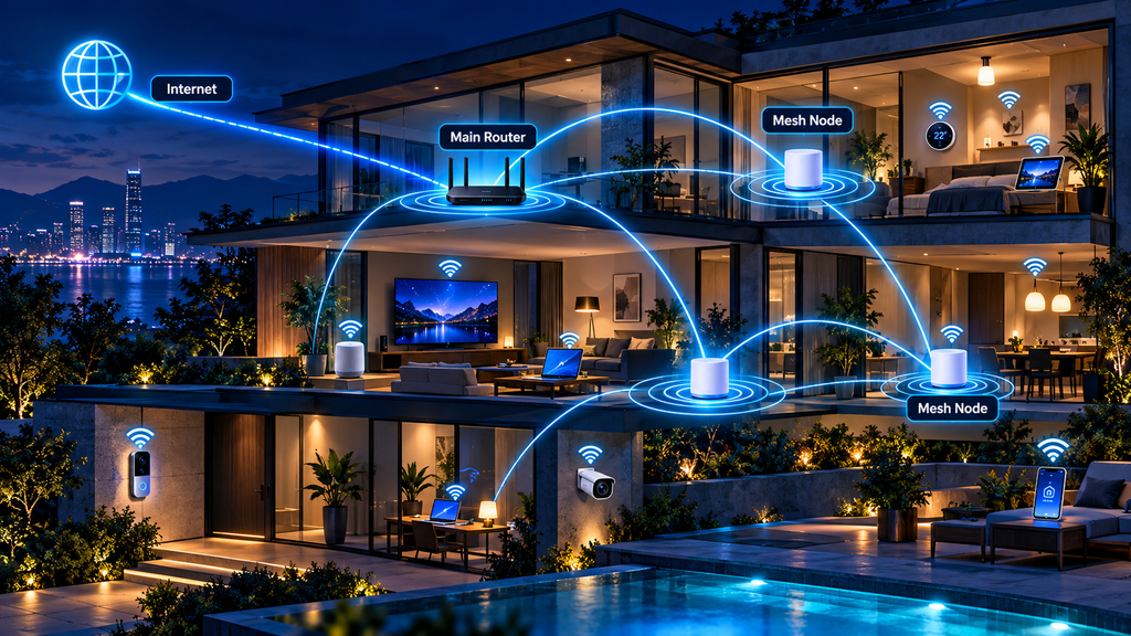 How mesh Wi-Fi works in a smart home with a main router, multiple mesh nodes, and connected smart devices across the house
