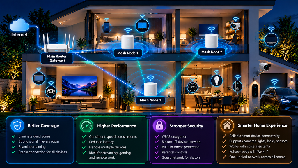 Mesh Wi-Fi smart home showing multiple mesh nodes with better coverage, higher performance, stronger security, and reliable smart device connectivity