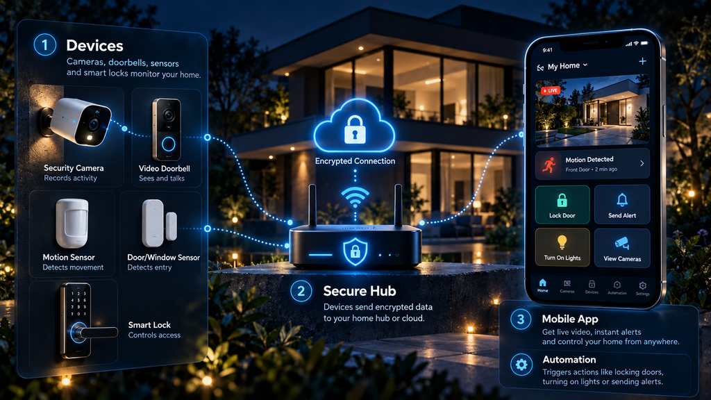 How a smart home security system works with cameras, video doorbells, sensors, smart locks, secure hub, mobile app, alerts, and automation