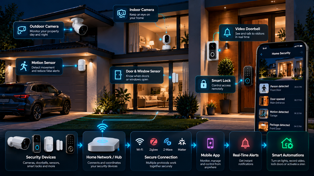 Smart home security system with outdoor and indoor cameras, video doorbell, motion sensors, smart lock, mobile app, real-time alerts, and automations