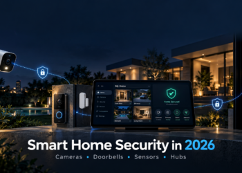 Smart home security in 2026 with cameras, video doorbells, sensors, smart locks, hubs, and secure connected home monitoring