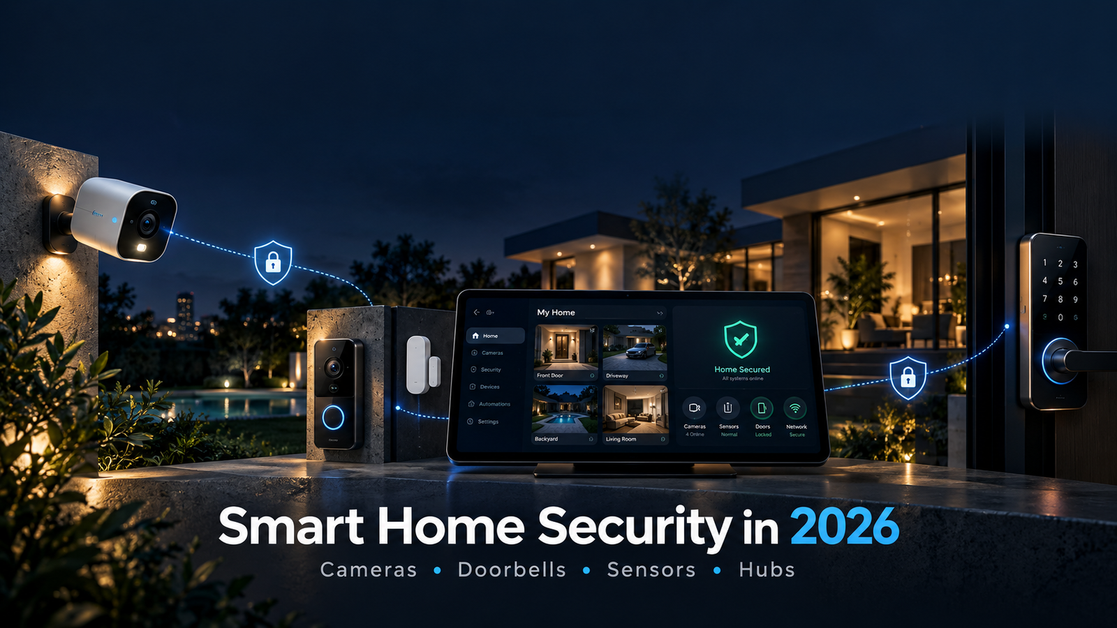 Smart home security in 2026 with cameras, video doorbells, sensors, smart locks, hubs, and secure connected home monitoring