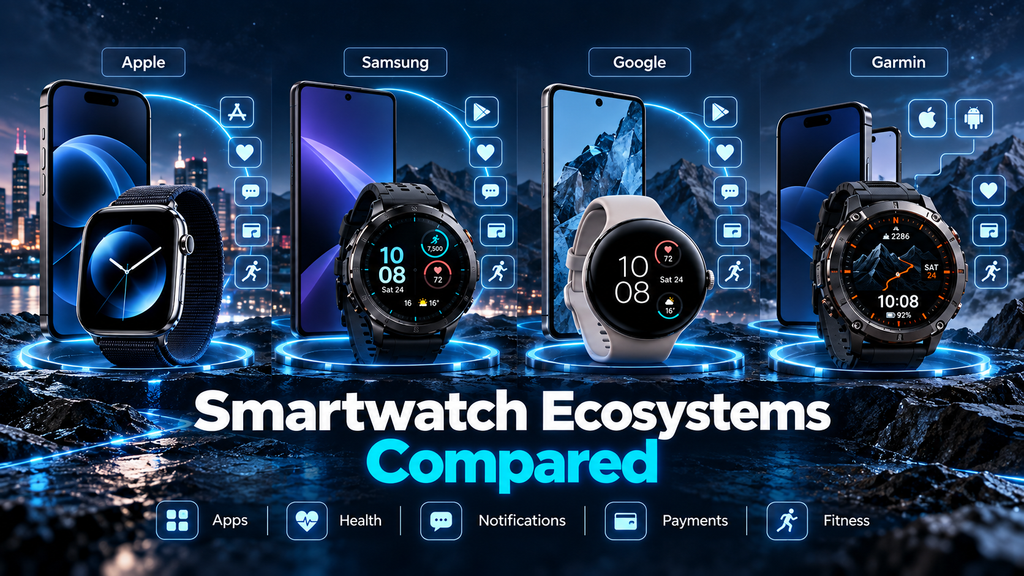 Smartwatch ecosystems compared in 2026 showing Apple Watch with iPhone, Galaxy Watch with Samsung, Pixel Watch with Google, and Garmin with iPhone and Android