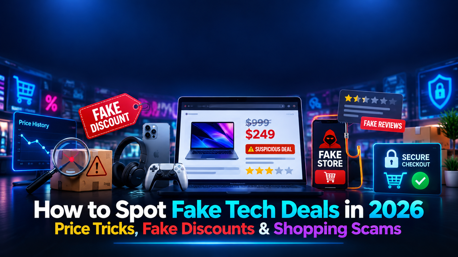 How to spot fake tech deals in 2026 including fake discounts, suspicious sellers, fake reviews, price tricks, and shopping scams