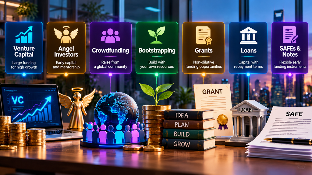 Startup funding options in 2026 including venture capital, angel investors, crowdfunding, bootstrapping, grants, loans, SAFEs, and convertible notes