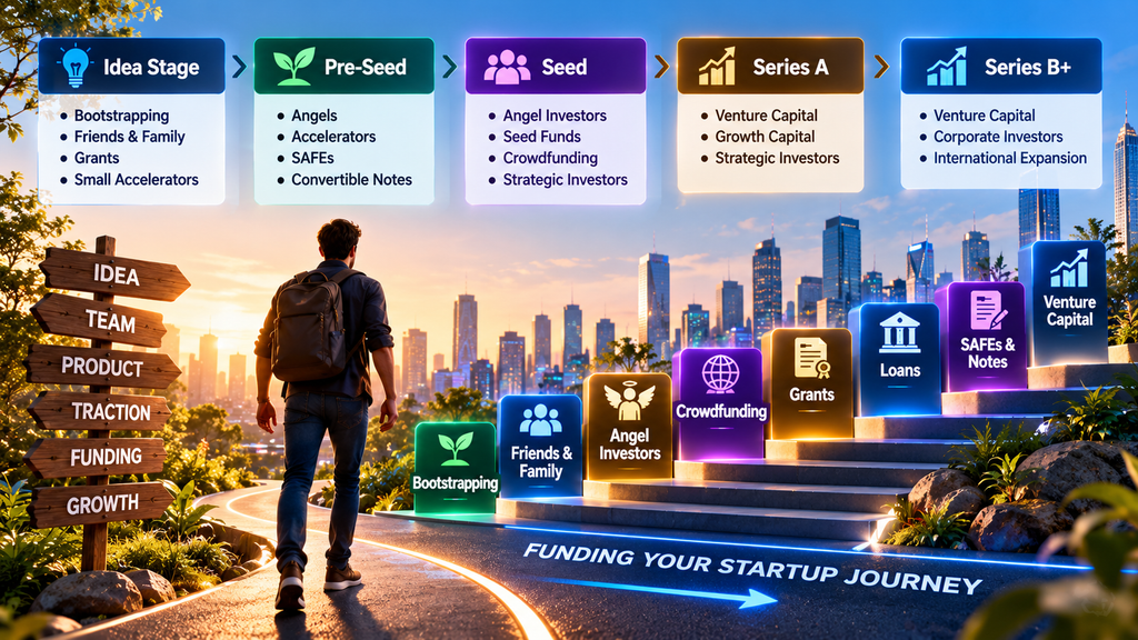 Startup funding stages in 2026 from idea and pre-seed to seed, Series A, and Series B with bootstrapping, angels, crowdfunding, grants, loans, SAFEs, and venture capital