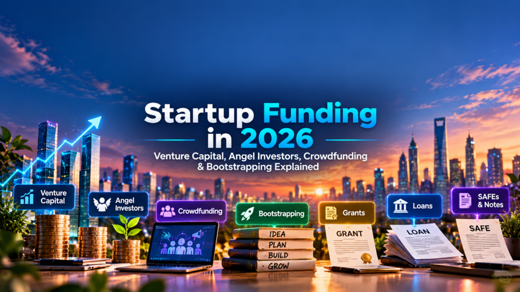 Startup funding in 2026 including venture capital, angel investors, crowdfunding, bootstrapping, grants, loans, SAFEs, and convertible notes