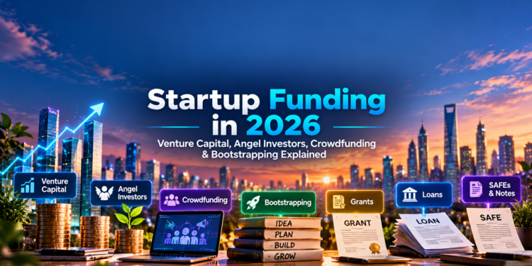 Startup funding in 2026 including venture capital, angel investors, crowdfunding, bootstrapping, grants, loans, SAFEs, and convertible notes