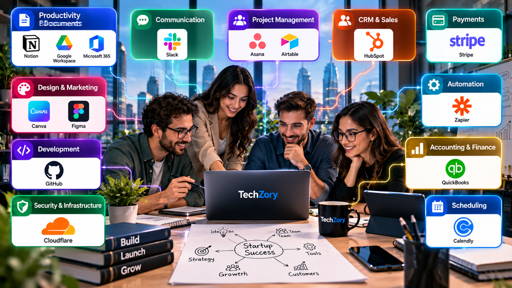 Startup team using productivity, communication, project management, CRM, payments, design, development, automation, accounting, scheduling, and security tools