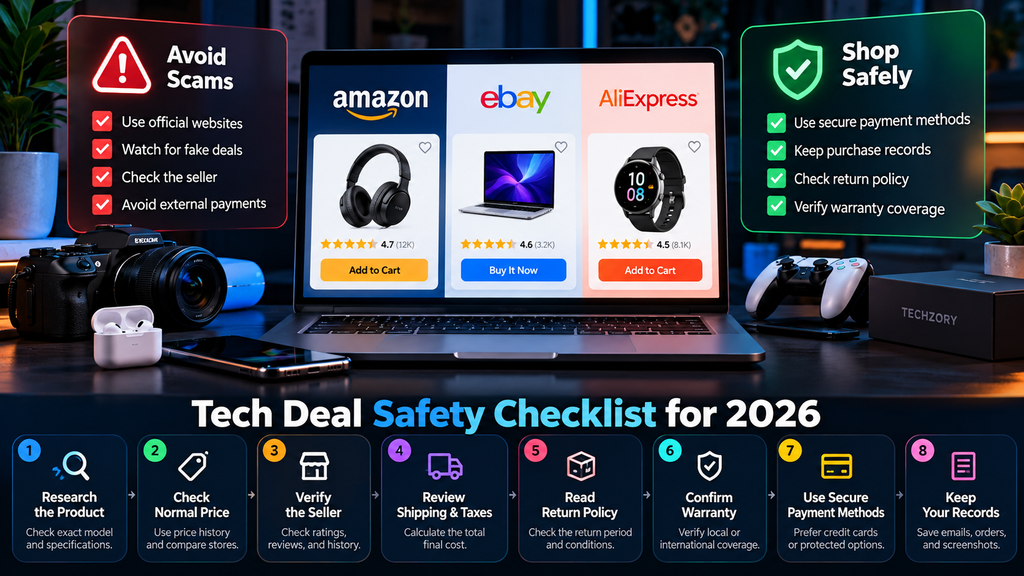 Tech deal safety checklist for 2026 covering product research, price checks, seller verification, shipping, returns, warranty, secure payments, and purchase records