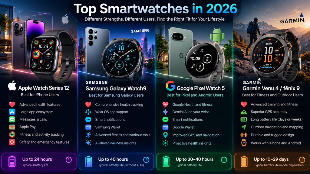 Best smartwatches in 2026 comparison showing Apple Watch Series 12, Samsung Galaxy Watch9, Google Pixel Watch 5, and Garmin Venu 4 or fenix 9