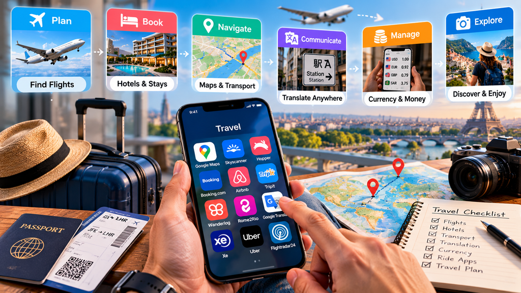 Travel app workflow for planning flights, booking hotels, navigation, translation, currency conversion, and transportation