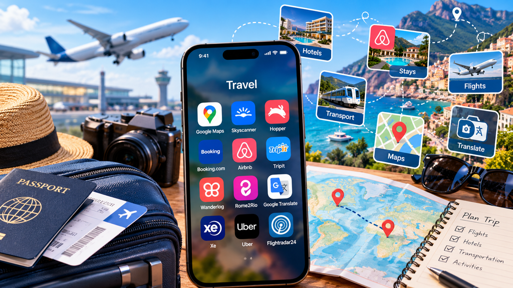 Travel planning apps including Google Maps, Skyscanner, Hopper, Booking.com, Airbnb, TripIt, Wanderlog, Rome2Rio, Google Translate, Xe, Uber, and Flightradar24