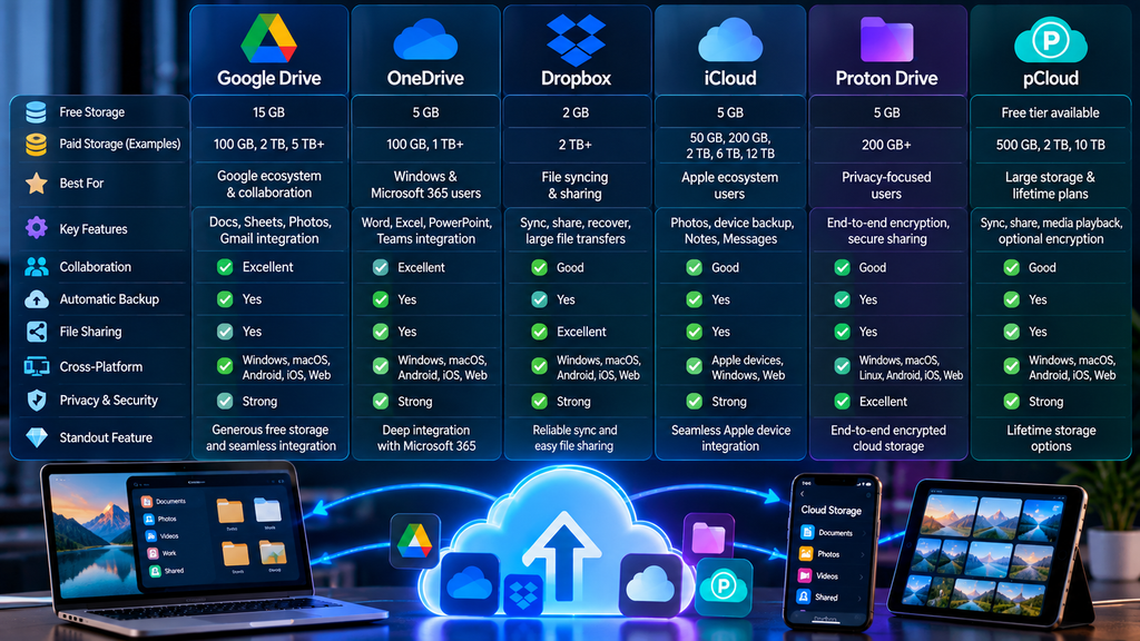 Cloud storage services comparison in 2026 including Google Drive, OneDrive, Dropbox, iCloud, Proton Drive, and pCloud