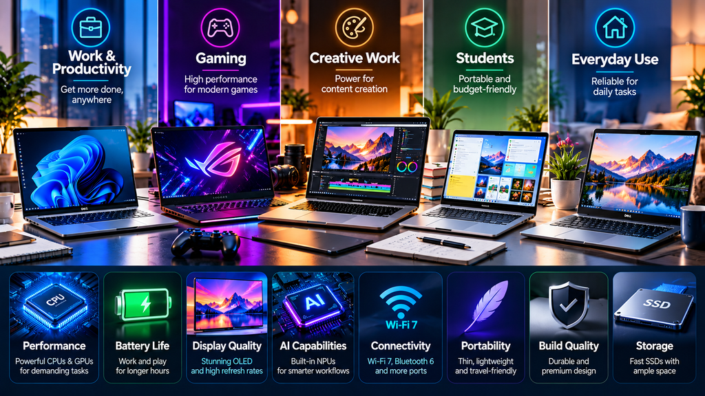 Laptop buying factors in 2026 including performance, battery life, display quality, AI capabilities, connectivity, portability, build quality, and storage