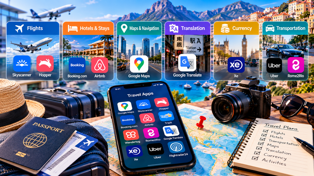 Travel apps for flights, hotels, maps, translation, currency, transportation, and trip planning in 2026