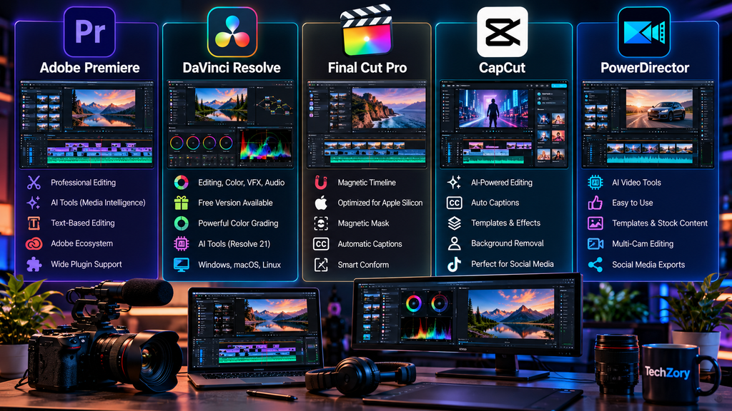 Video editing software compared in 2026 including Adobe Premiere, DaVinci Resolve, Final Cut Pro, CapCut, and PowerDirector