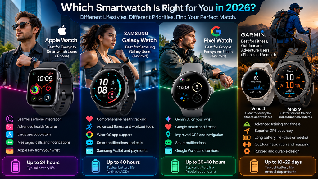 Which smartwatch is right for you in 2026 comparing Apple Watch, Samsung Galaxy Watch, Google Pixel Watch, and Garmin for different users and lifestyles